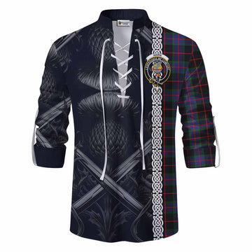 Nairn Tartan Ghillie Kilt Shirt with Family Crest Cross Sword Thistle Celtic Vibes Men - Tartan Vibes Clothing