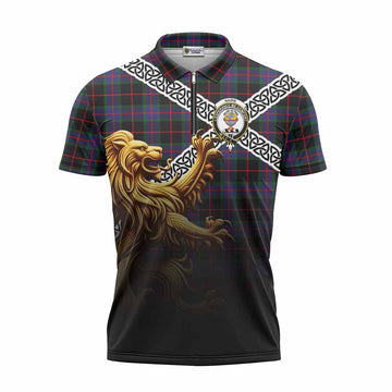 Nairn Crest Tartan Zipper Polo Shirt with Golden Lion Emblem Celtic Style Unisex - Tartan Vibes Clothing