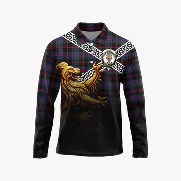 Nairn Crest Tartan Long Sleeve Polo Shirt with Golden Lion Emblem Celtic Style Unisex - Tartan Vibes Clothing