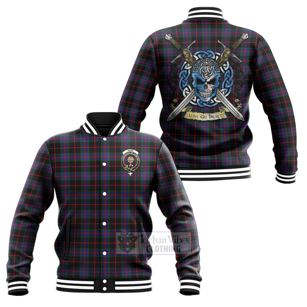 Nairn Tartan Baseball Jacket with Family Crest Celtic Skull Style Unisex - Tartan Vibes Clothing