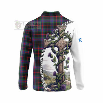 Nairn Tartan Long Sleeve Polo Shirt with Family Crest and St. Andrew's Cross Accented by Thistle Vines - Tartan Vibes Clothing