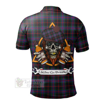 Nairn Tartan Polo Shirt with Family Crest and Bearded Skull Holding Bottles of Whiskey - Tartan Vibes Clothing