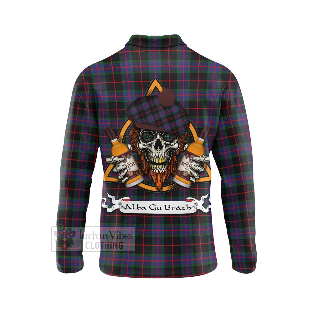 Tartan Vibes Clothing Nairn Tartan Long Sleeve Polo Shirt with Family Crest and Bearded Skull Holding Bottles of Whiskey