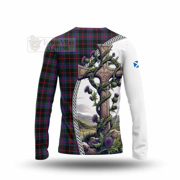 Nairn Tartan Long Sleeve T-Shirt with Family Crest and St. Andrew's Cross Accented by Thistle Vines - Tartan Vibes Clothing