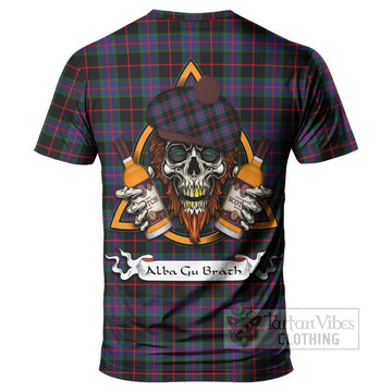 Nairn Tartan T-Shirt with Family Crest and Bearded Skull Holding Bottles of Whiskey - Tartan Vibes Clothing