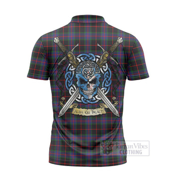 Nairn Tartan Zipper Polo Shirt with Family Crest Celtic Skull Style - Tartan Vibes Clothing