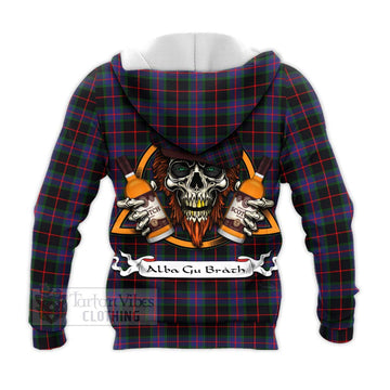 Nairn Tartan Knitted Hoodie with Family Crest and Bearded Skull Holding Bottles of Whiskey - Tartan Vibes Clothing