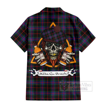 Nairn Tartan Hawaiian Shirt with Family Crest and Bearded Skull Holding Bottles of Whiskey - Tartan Vibes Clothing