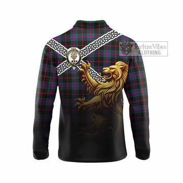 Nairn Crest Tartan Long Sleeve Polo Shirt with Golden Lion Emblem Celtic Style - Tartan Vibes Clothing