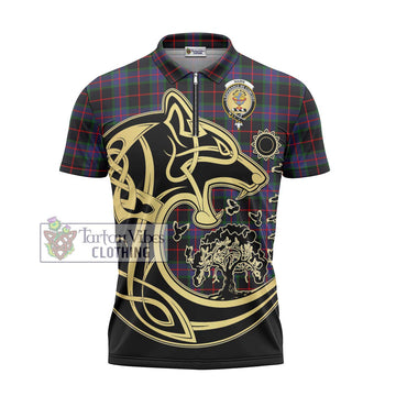 Nairn Tartan Zipper Polo Shirt with Family Crest Celtic Wolf Style - Tartan Vibes Clothing