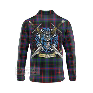 Nairn Tartan Long Sleeve Polo Shirt with Family Crest Celtic Skull Style - Tartan Vibes Clothing