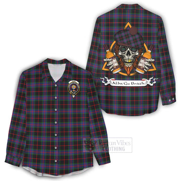 Nairn Tartan Women's Casual Shirt with Family Crest and Bearded Skull Holding Bottles of Whiskey - Tartan Vibes Clothing