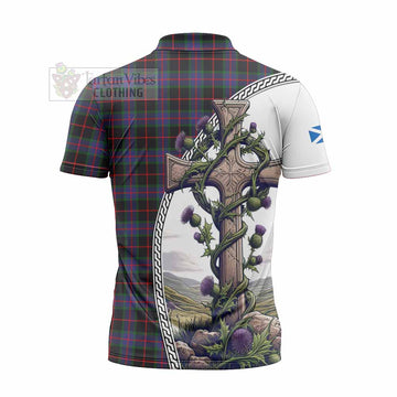 Nairn Tartan Zipper Polo Shirt with Family Crest and St. Andrew's Cross Accented by Thistle Vines - Tartan Vibes Clothing