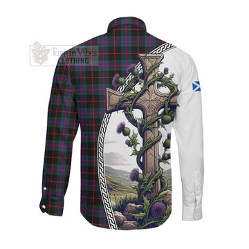 Nairn Tartan Long Sleeve Button Shirt with Family Crest and St. Andrew's Cross Accented by Thistle Vines Men's Shirt - Tartan Vibes Clothing