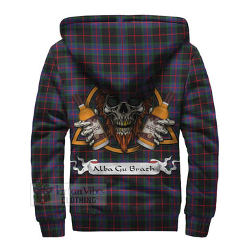 Nairn Tartan Sherpa Hoodie with Family Crest and Bearded Skull Holding Bottles of Whiskey - Tartan Vibes Clothing