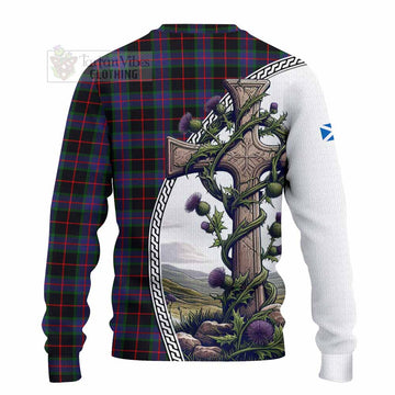 Nairn Tartan Knitted Sweater with Family Crest and St. Andrew's Cross Accented by Thistle Vines - Tartan Vibes Clothing