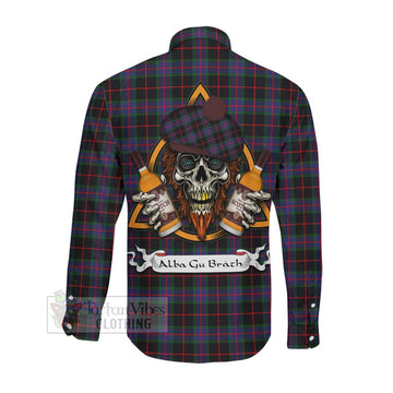 Nairn Tartan Long Sleeve Button Shirt with Family Crest and Bearded Skull Holding Bottles of Whiskey Men's Shirt - Tartan Vibes Clothing