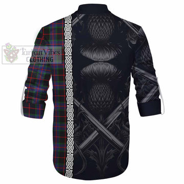 Nairn Tartan Ghillie Kilt Shirt with Family Crest Cross Sword Thistle Celtic Vibes - Tartan Vibes Clothing