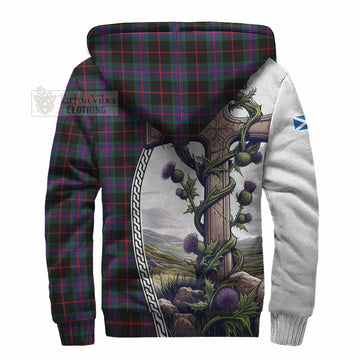 Nairn Tartan Sherpa Hoodie with Family Crest and St. Andrew's Cross Accented by Thistle Vines - Tartan Vibes Clothing