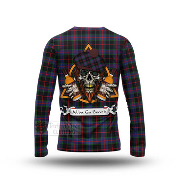 Nairn Tartan Long Sleeve T-Shirt with Family Crest and Bearded Skull Holding Bottles of Whiskey - Tartan Vibes Clothing