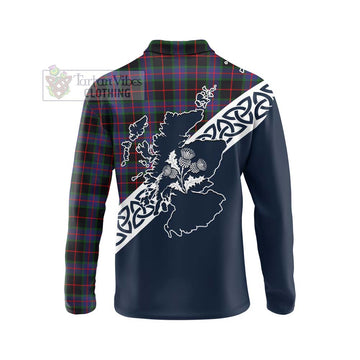 Nairn Tartan Long Sleeve Polo Shirt Featuring Thistle and Scotland Map - Tartan Vibes Clothing