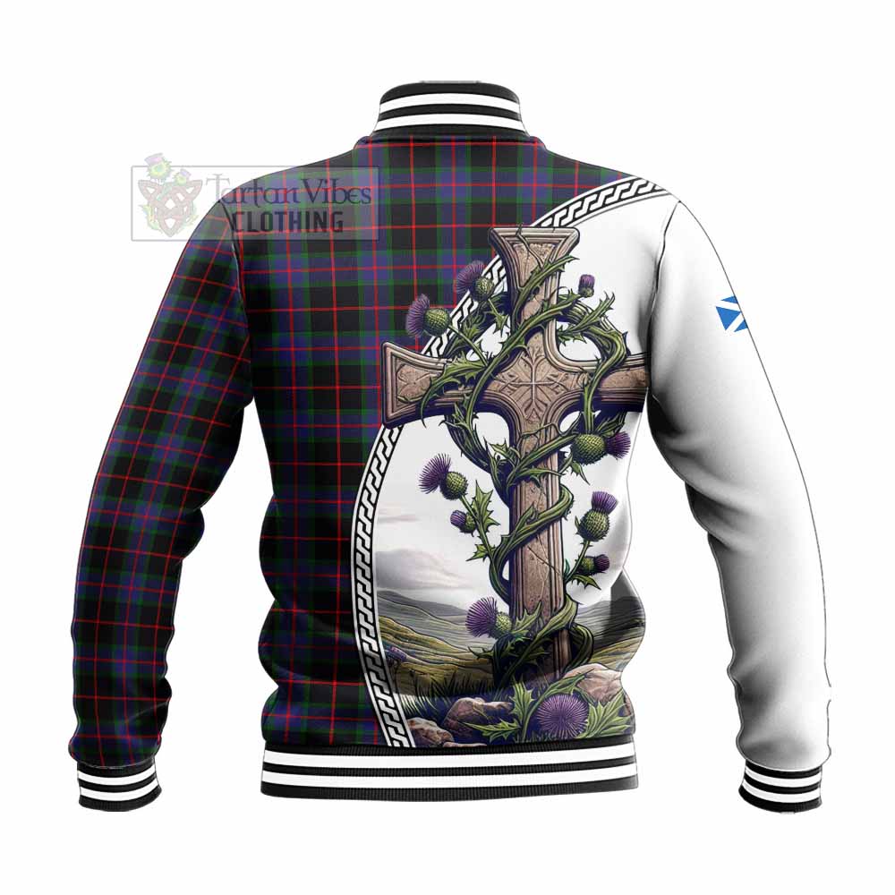 Nairn Tartan Baseball Jacket with Family Crest and St. Andrew's Cross Accented by Thistle Vines - Tartan Vibes Clothing