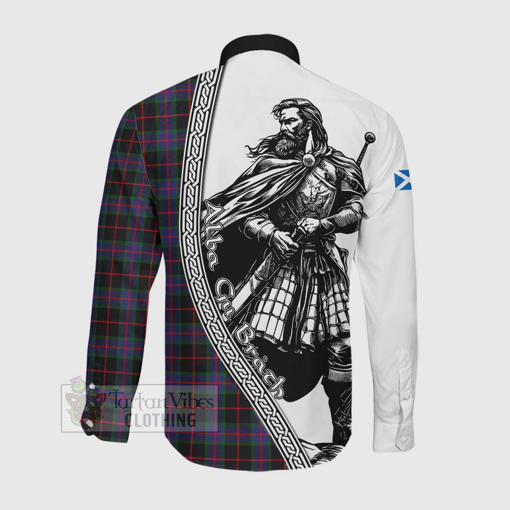 Nairn Tartan Clan Crest Long Sleeve Button Shirt with Highlander Warrior Celtic Style Men's Shirt - Tartan Vibes Clothing
