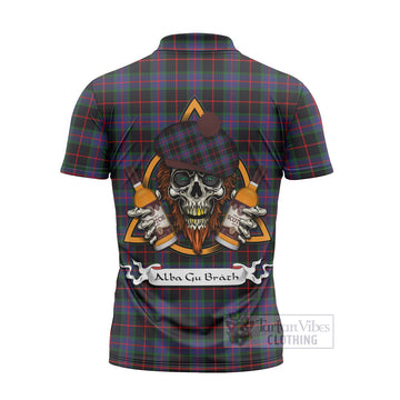 Nairn Tartan Zipper Polo Shirt with Family Crest and Bearded Skull Holding Bottles of Whiskey - Tartan Vibes Clothing