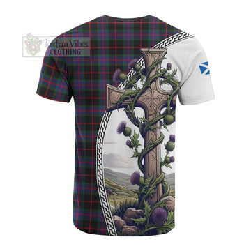 Tartan Vibes Clothing Nairn Tartan Cotton T-shirt with Family Crest and St. Andrew's Cross Accented by Thistle Vines