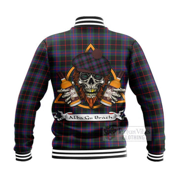 Nairn Tartan Baseball Jacket with Family Crest and Bearded Skull Holding Bottles of Whiskey - Tartan Vibes Clothing