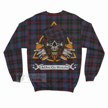 Nairn Tartan Sweatshirt with Family Crest and Bearded Skull Holding Bottles of Whiskey - Tartan Vibes Clothing