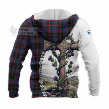 Nairn Tartan Knitted Hoodie with Family Crest and St. Andrew's Cross Accented by Thistle Vines - Tartan Vibes Clothing