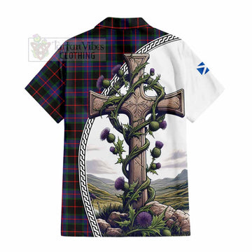 Nairn Tartan Hawaiian Shirt with Family Crest and St. Andrew's Cross Accented by Thistle Vines - Tartan Vibes Clothing