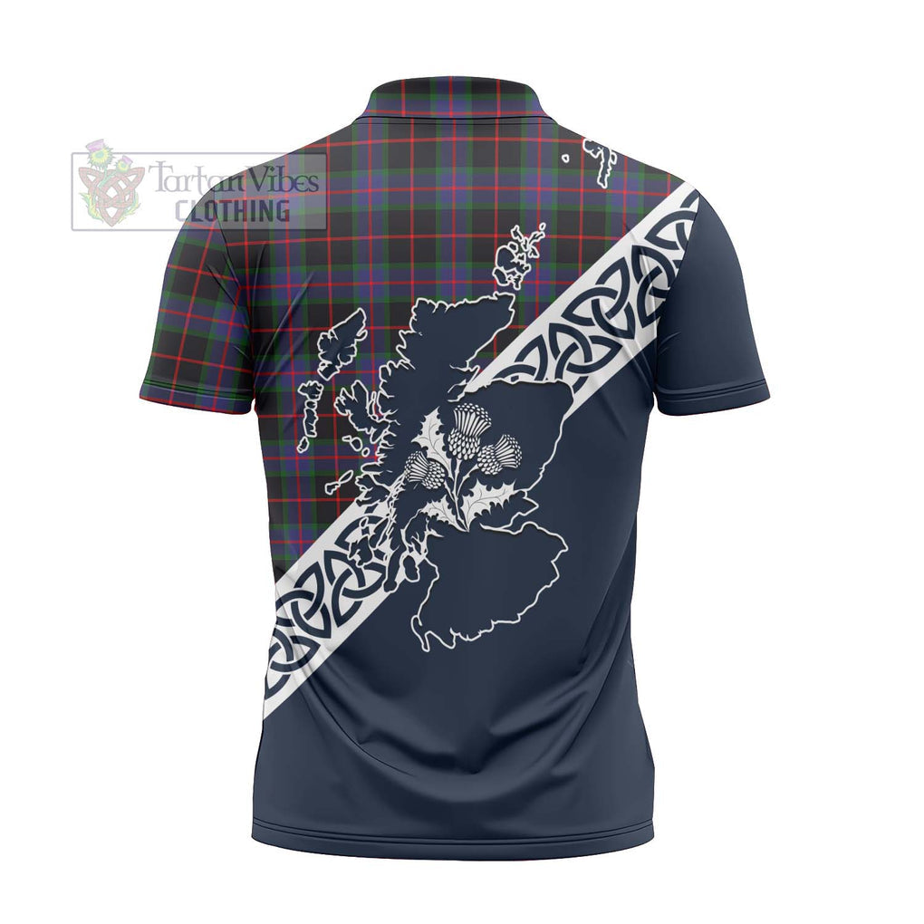 Nairn Tartan Zipper Polo Shirt Featuring Thistle and Scotland Map - Tartanvibesclothing Store