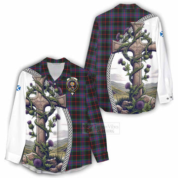 Nairn Tartan Women's Casual Shirt with Family Crest and St. Andrew's Cross Accented by Thistle Vines - Tartan Vibes Clothing