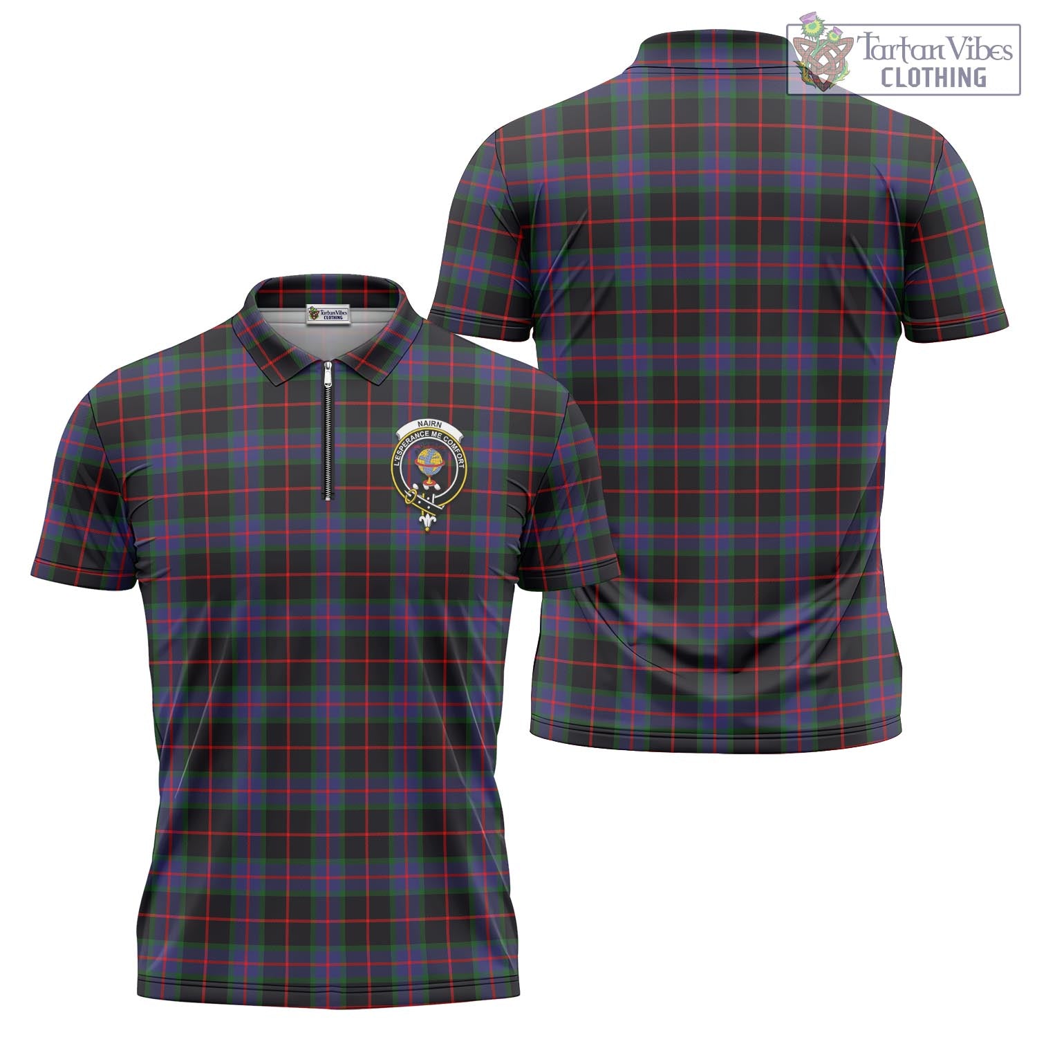 Nairn Tartan Zipper Polo Shirt with Family Crest - Tartan Vibes Clothing