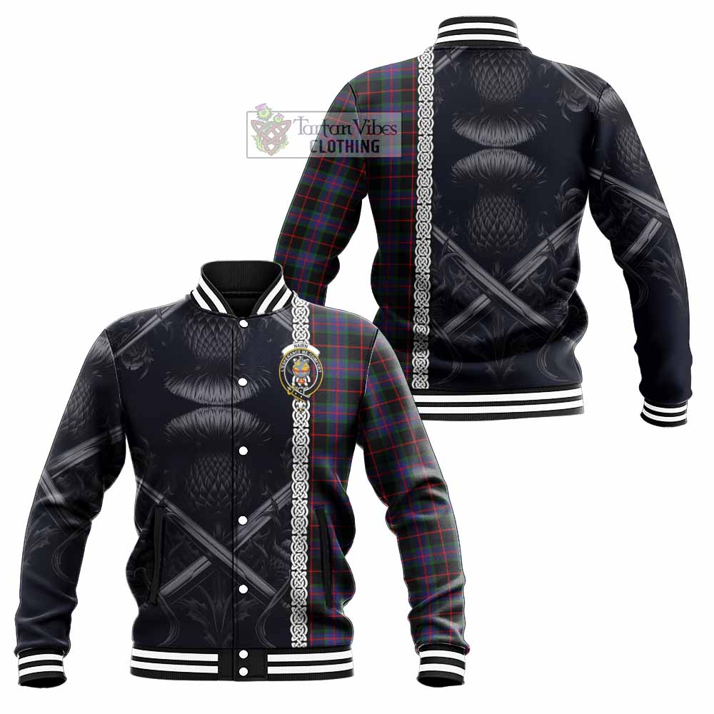 Nairn Tartan Baseball Jacket with Family Crest Cross Sword Thistle Celtic Vibes - Tartan Vibes Clothing