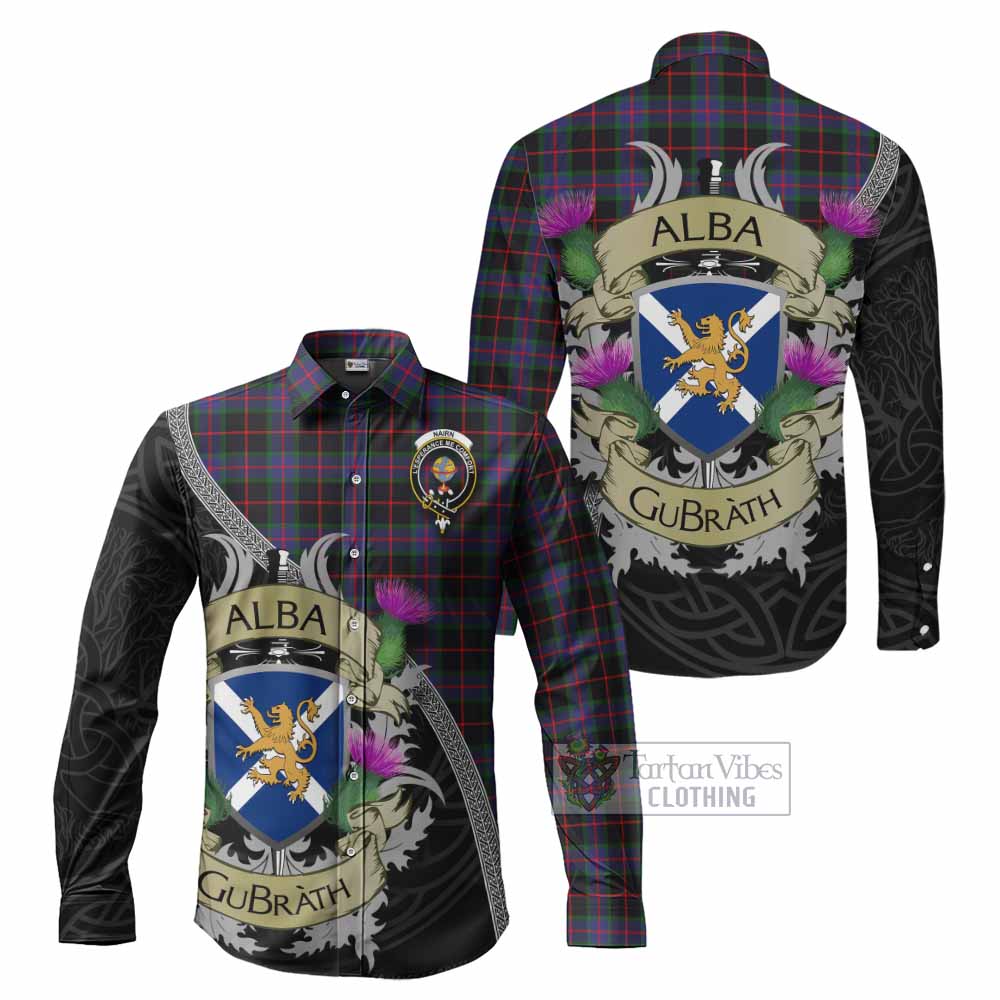 Nairn Tartan Family Crest Long Sleeve Button Shirt Lion Rampant Royal Thistle Shield Celtic Inspired - Tartan Vibes Clothing