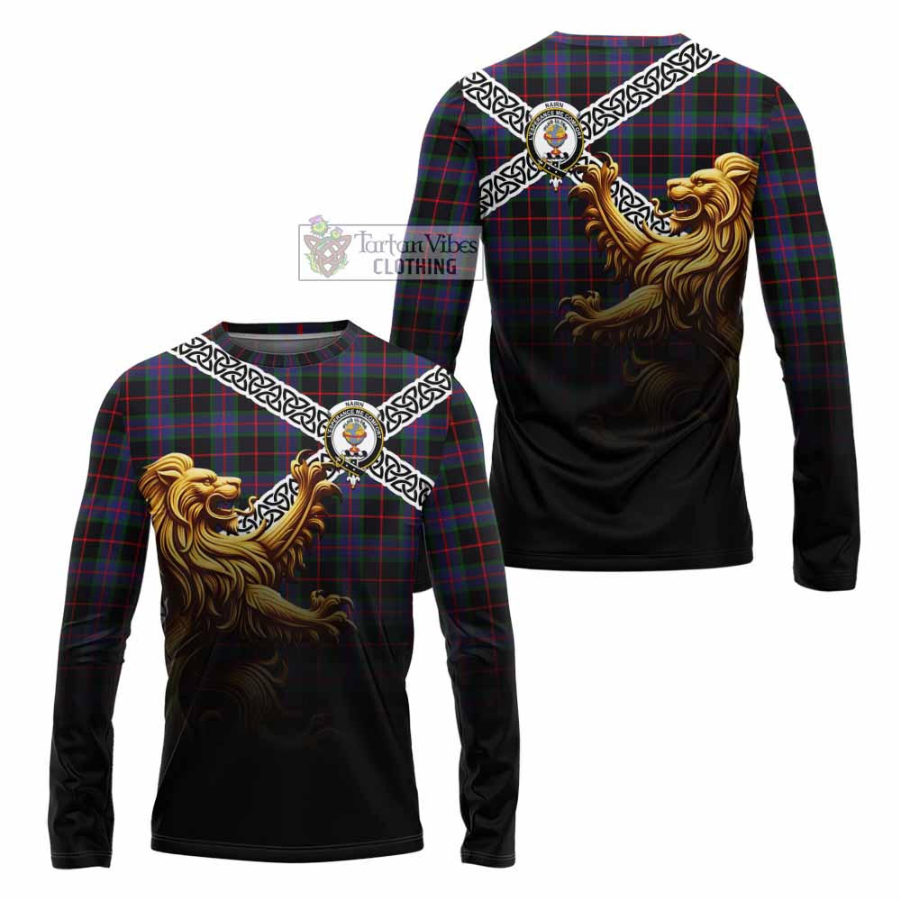 Nairn Crest Tartan Long Sleeve T-Shirt with Golden Lion Emblem Celtic Style - Tartan Vibes Clothing