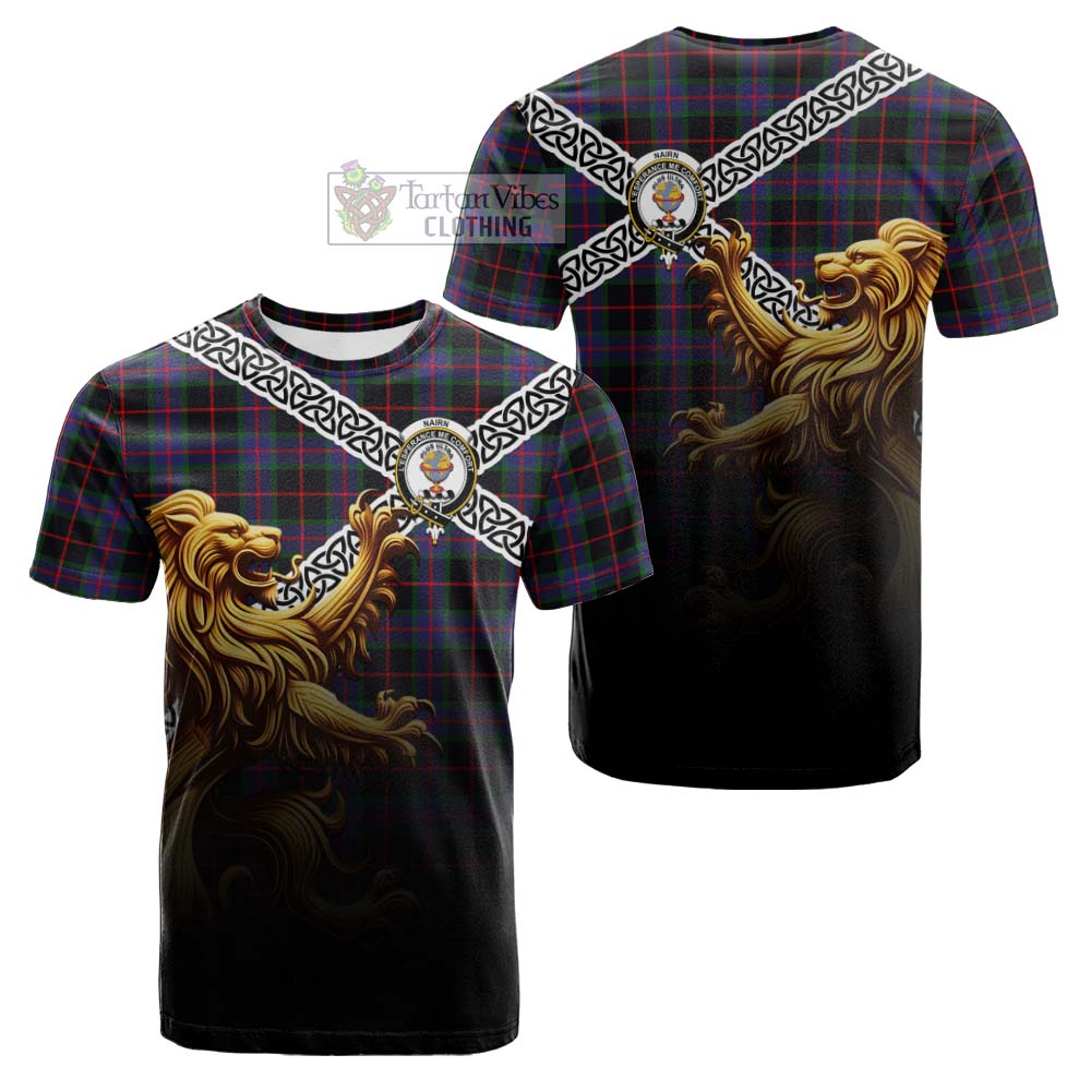 Tartan Vibes Clothing Nairn Crest Tartan Cotton T-shirt with Golden Lion Emblem Celtic Style