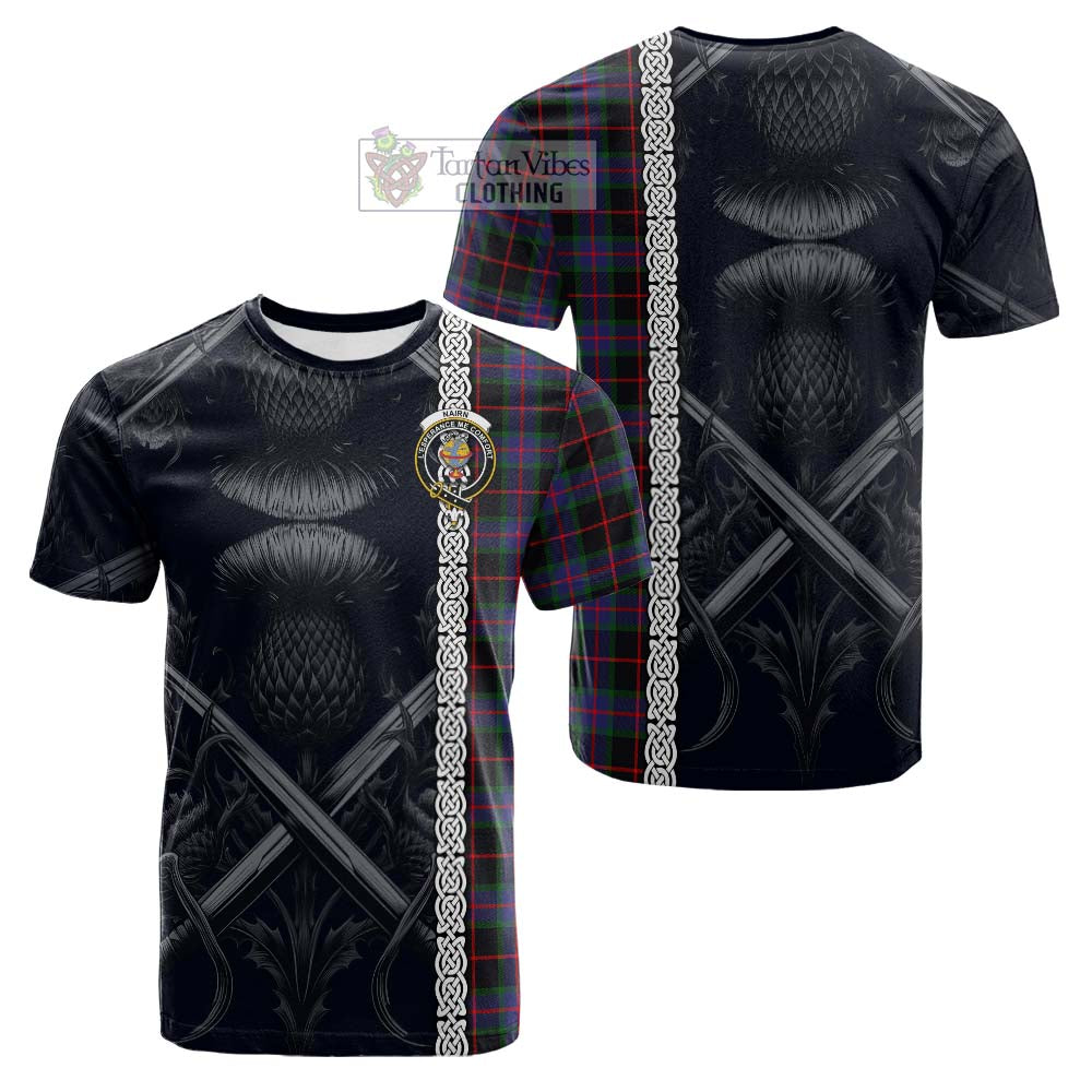 Tartan Vibes Clothing Nairn Tartan Cotton T-shirt with Family Crest Cross Sword Thistle Celtic Vibes