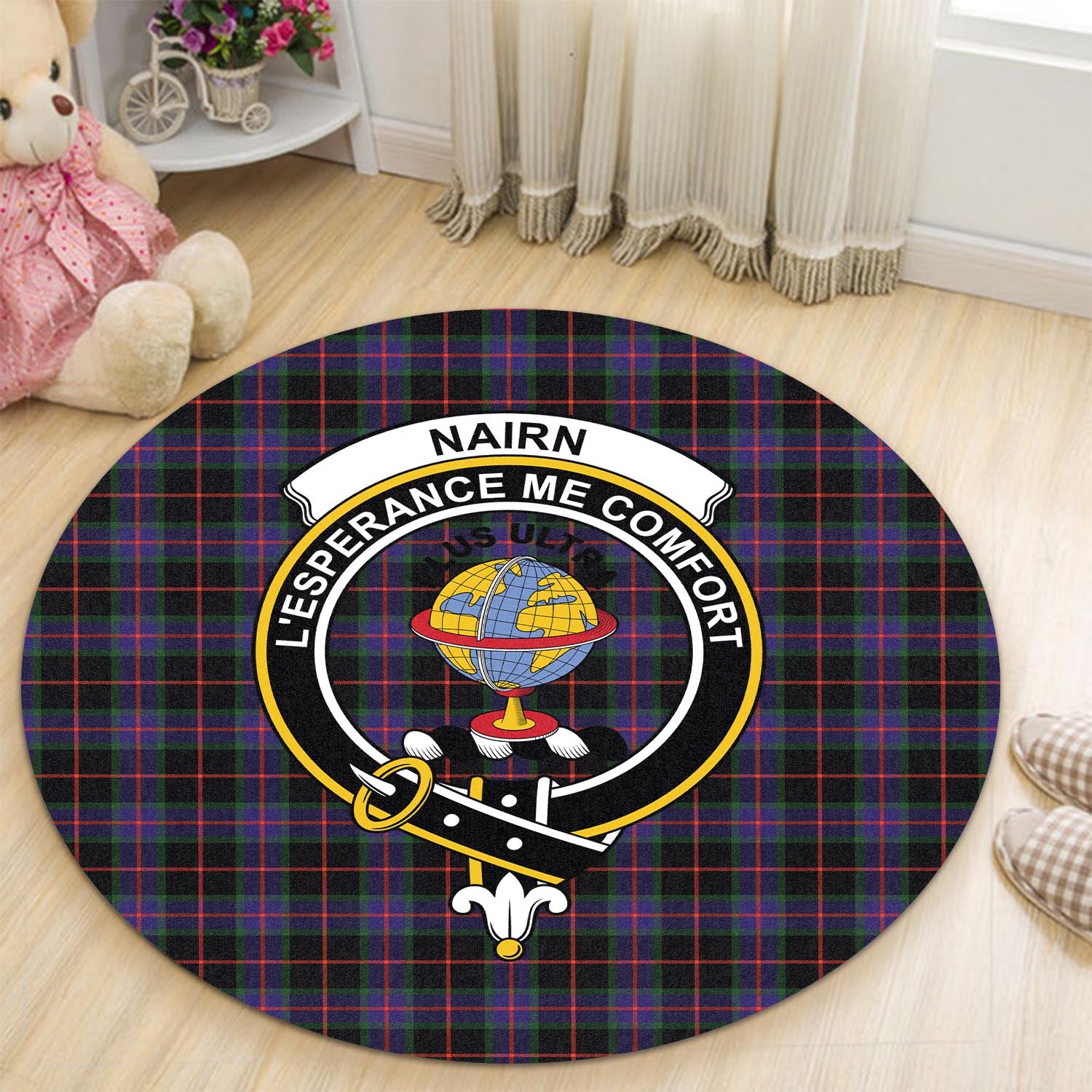 Nairn Tartan Round Rug with Family Crest - Tartan Vibes Clothing