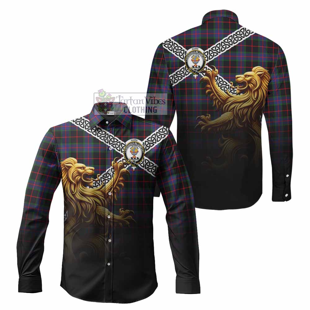 Nairn Crest Tartan Long Sleeve Button Shirt with Golden Lion Emblem Celtic Style - Tartan Vibes Clothing