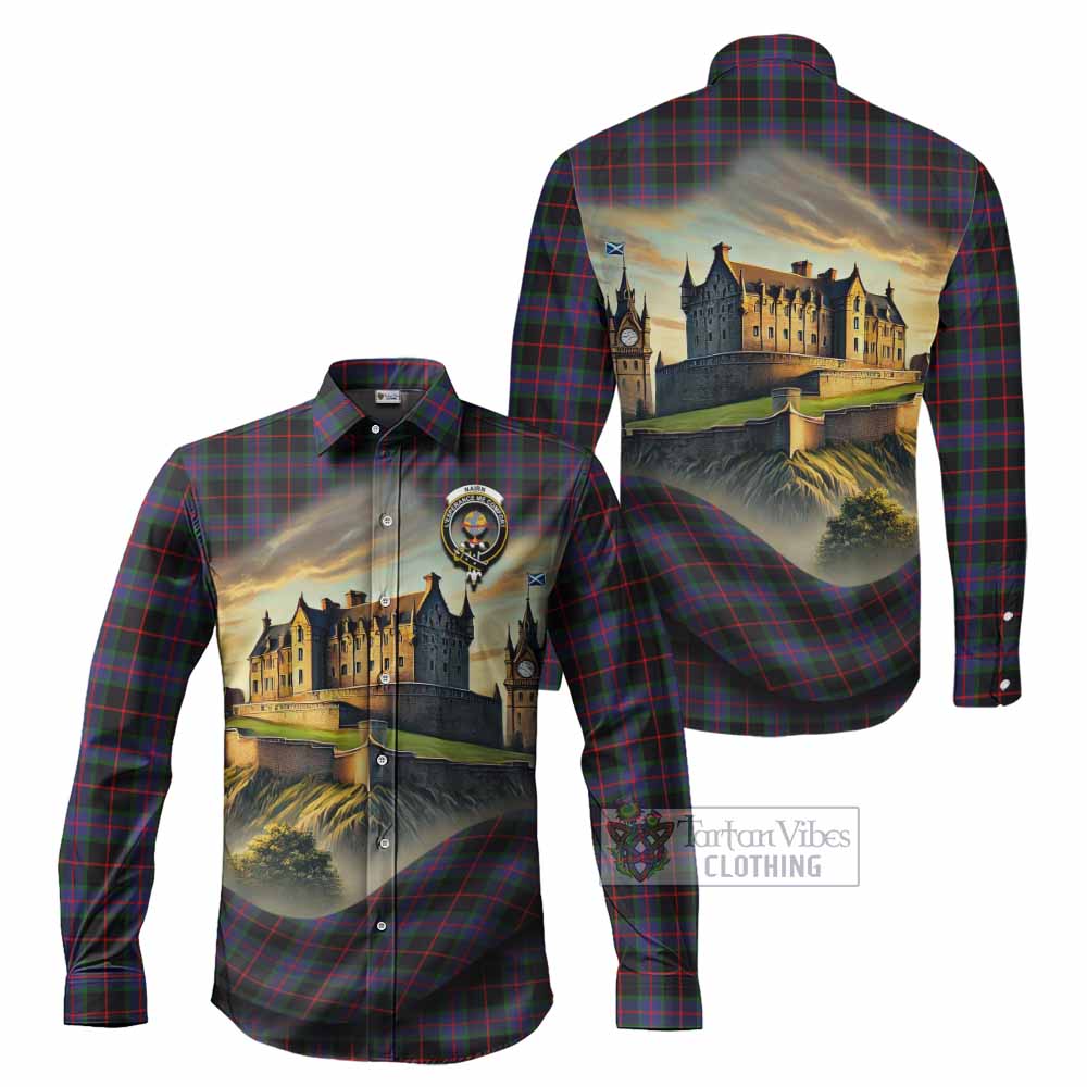 Tartan Vibes Clothing Nairn Tartan Family Crest Long Sleeve Button Shirt with Scottish Ancient Castle Style