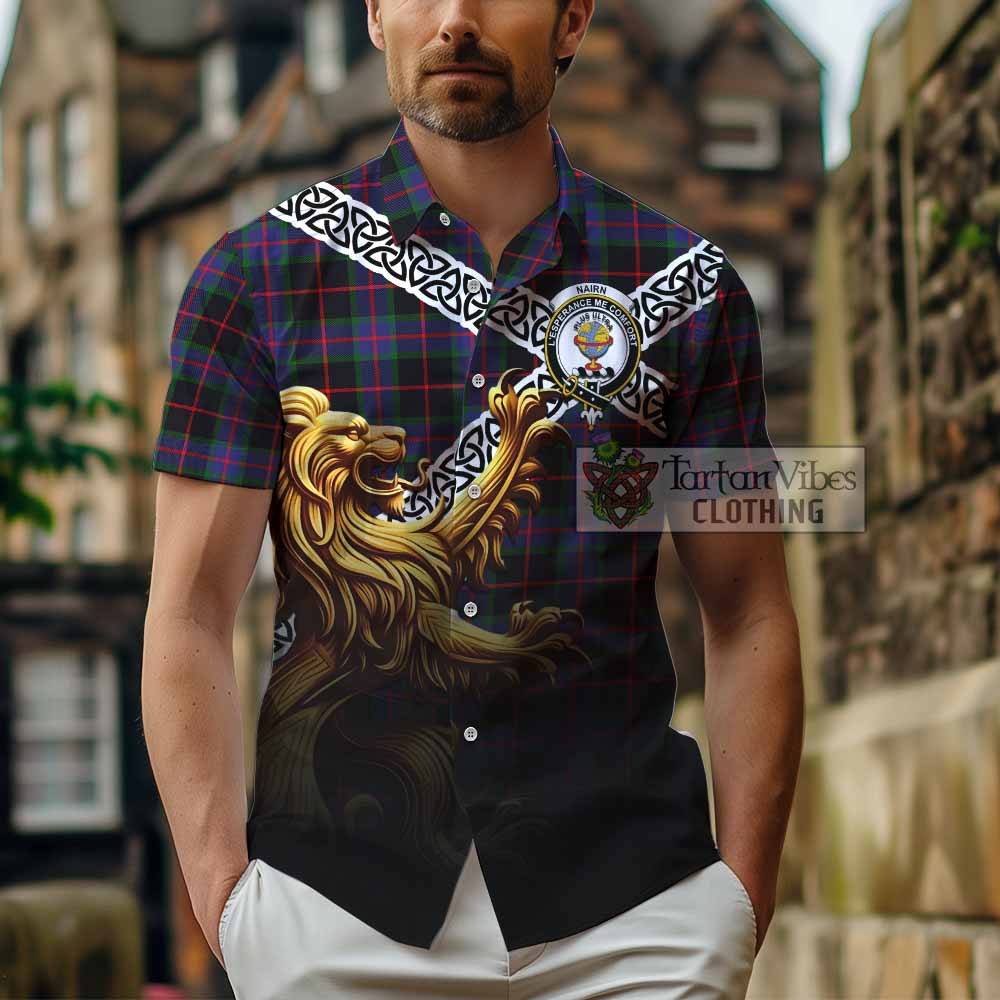 Nairn Crest Tartan Hawaiian Shirt with Golden Lion Emblem Celtic Style - Tartan Vibes Clothing
