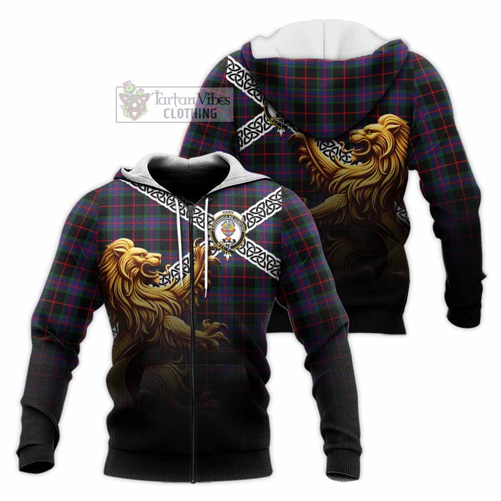 Nairn Crest Tartan Knitted Hoodie with Golden Lion Emblem Celtic Style Unisex Knitted Zip Hoodie - Tartan Vibes Clothing