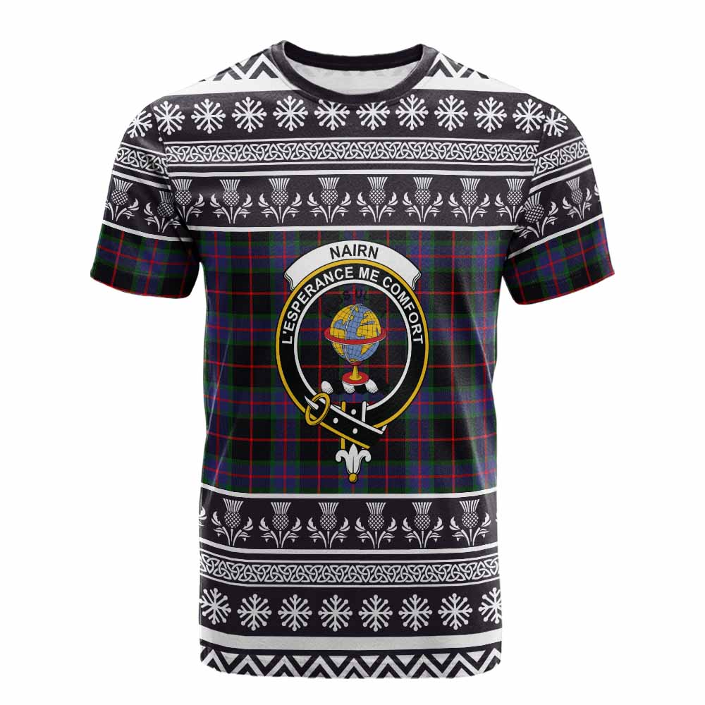 Nairn Clan Tartan Christmas Cotton T-shirt with Family Crest - Tartan Vibes Clothing