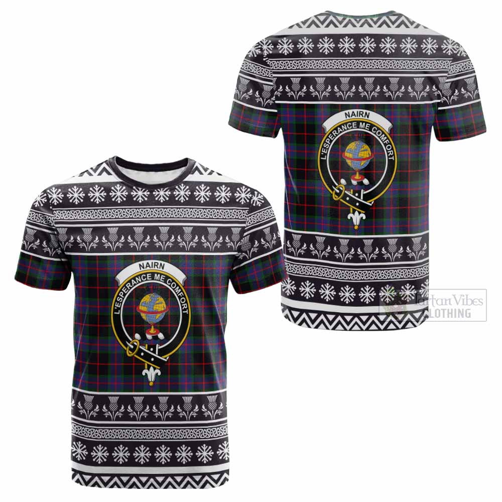 Nairn Clan Tartan Christmas Cotton T-shirt with Family Crest - Tartan Vibes Clothing