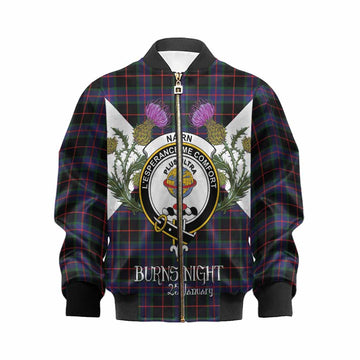 Nairn Tartan Family Crest Kid Bomber Jacket Scottish Burns Night Thistle Floral
