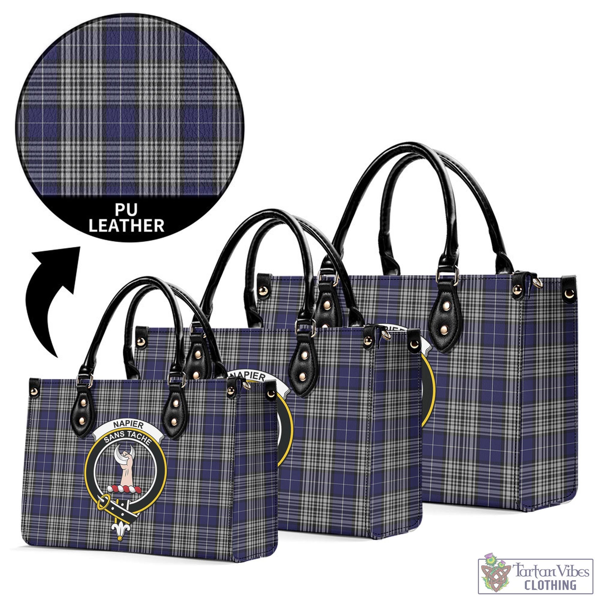 Tartan Vibes Clothing Napier Tartan Luxury Leather Handbags with Family Crest